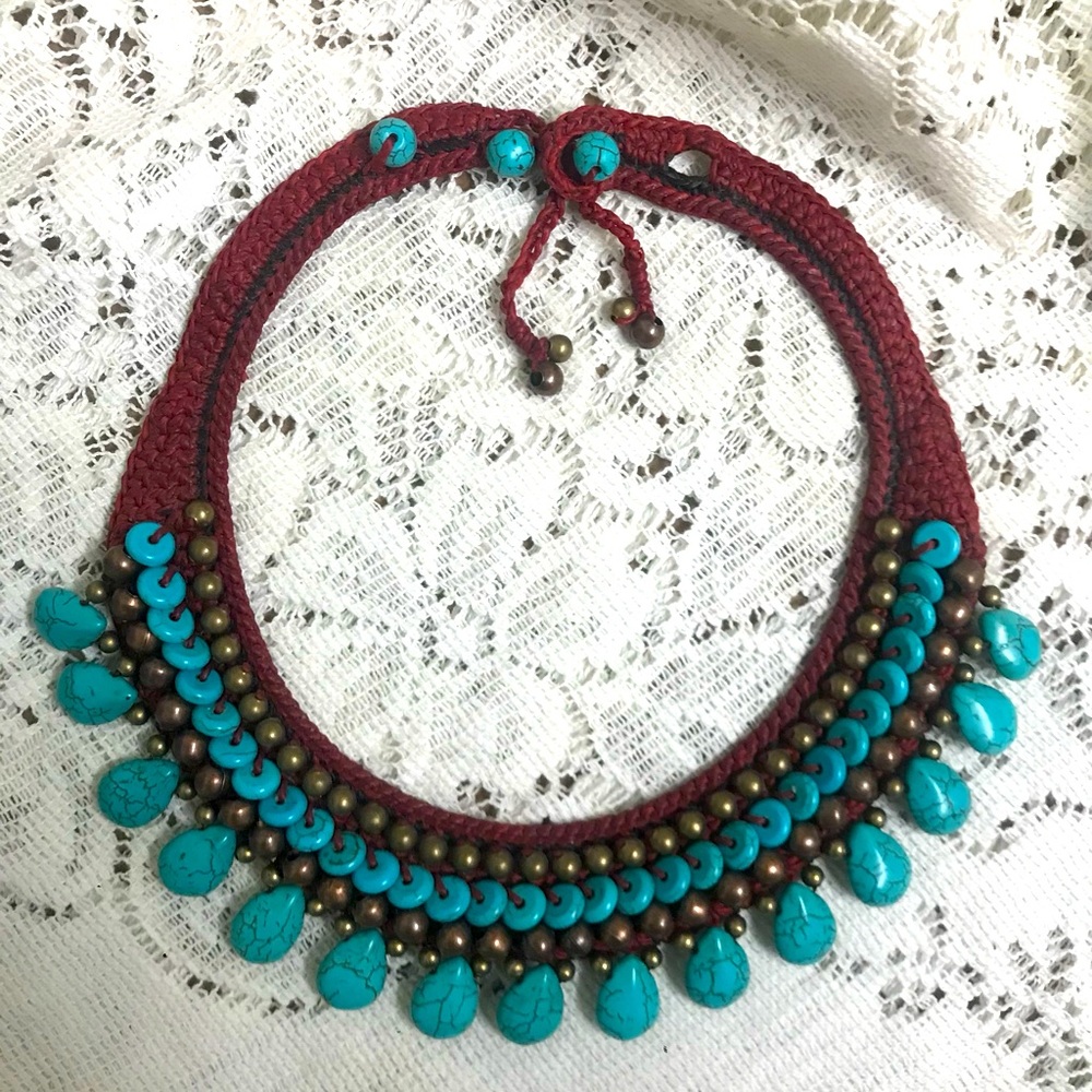 NOVICA Turquoise and Red Macrame Collar Choker